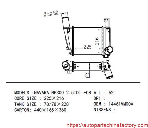 Technical engineering drawing for intercooler part number APCF-56-73000, including core dimensions and OEM specifications